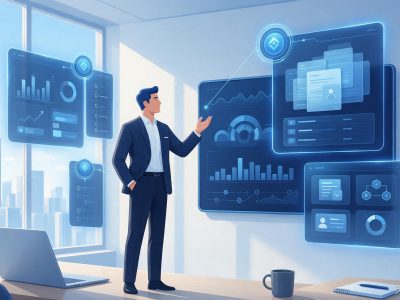 AI智能体融入企业管理流程的科技商务插画