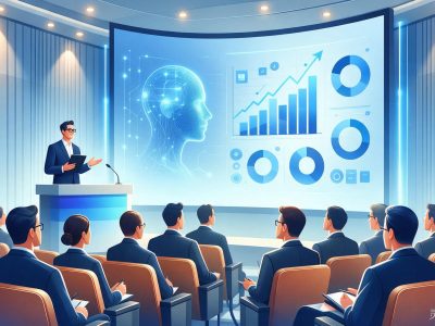 企业管理者论坛交流探讨AI管理变革的商务插画